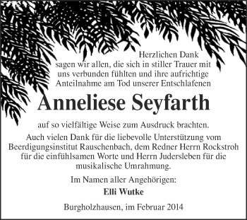 Traueranzeige von Anneliese Seyfarth von WVG - Wochenspiegel NMB / WSF / ZTZ