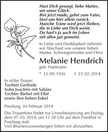 Traueranzeige von Melanie Hendrich von WVG - Wochenspiegel NMB / WSF / ZTZ