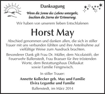 Traueranzeige von Horst May von WVG - Wochenspiegel Quedlinburg