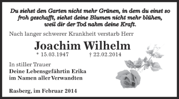 Traueranzeige von Joachim Wilhelm von Super Sonntag Zeitz