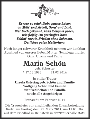 Traueranzeige von Maria Schön von WVG - Wochenspiegel Aschersleben