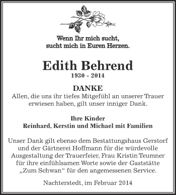 Traueranzeige von Edith Behrend von WVG - Wochenspiegel Aschersleben