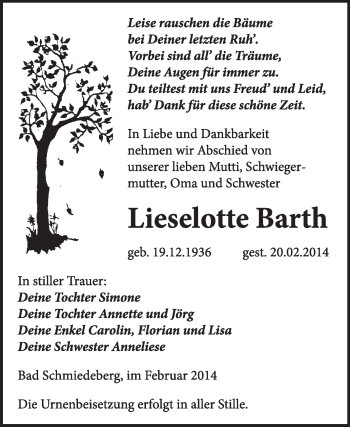 Traueranzeige von Lieselotte Barth von WVG - Wochenspiegel Wittenberg