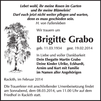 Traueranzeige von Brigitte Grabo von WVG - Wochenspiegel Wittenberg