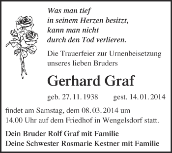 Traueranzeige von Gerhard Graf von WVG - Wochenspiegel NMB / WSF / ZTZ