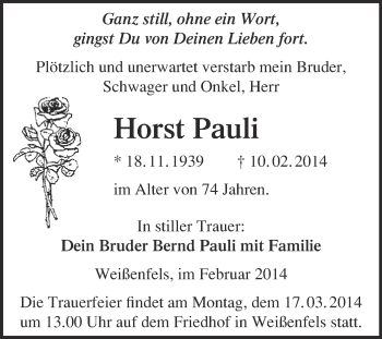 Traueranzeige von Horst Pauli von WVG - Wochenspiegel NMB / WSF / ZTZ