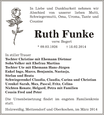 Traueranzeige von Ruth Funke von WVG - Wochenspiegel Bitterfeld