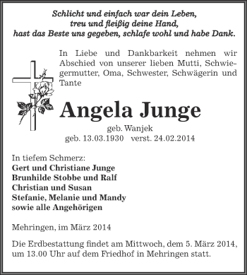 Traueranzeige von Angela Junge von Super Sonntag Aschersleben