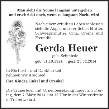 Traueranzeige von Gerda Heuer von Super Sonntag Bernburg
