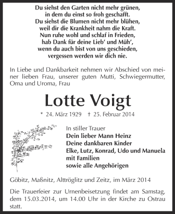 Traueranzeige von Lotte Voigt von Super Sonntag Zeitz