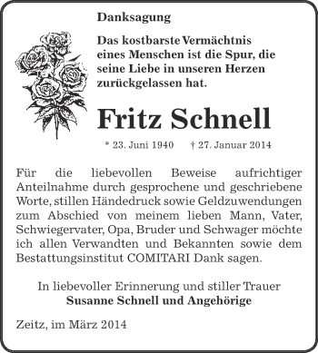 Traueranzeige von Fritz Schnell von Super Sonntag Zeitz