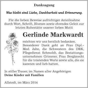 Traueranzeige von Gerlinde Markwardt von Wochenspiegel Mansfelder Land