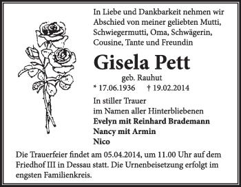 Traueranzeige von Gisela Pett von Super Sonntag Dessau / Köthen