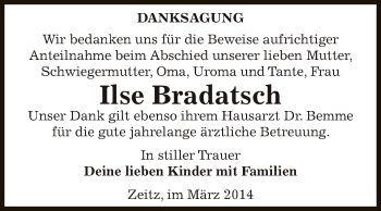 Traueranzeige von Ilse Bradatsch von Super Sonntag Zeitz