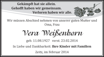 Traueranzeige von Vera Weißenborn von Super Sonntag Zeitz