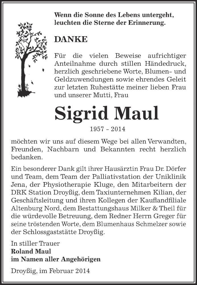  Traueranzeige für Sigrid Maul vom 02.03.2014 aus Super Sonntag Zeitz