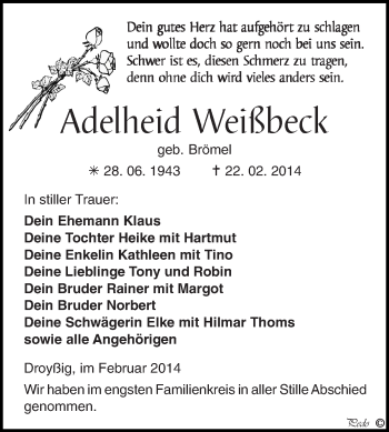 Traueranzeige von Adelheid Weißbeck von Super Sonntag Zeitz