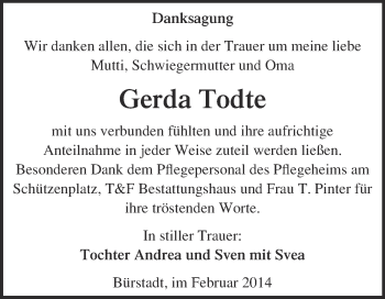 Traueranzeige von Gerda Todte von WVG - Wochenspiegel NMB / WSF / ZTZ