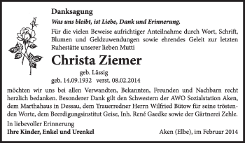 Traueranzeige von Christa Ziemer von Super Sonntag Dessau / Köthen