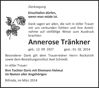 Traueranzeige von Annerose Tränkner von WVG - Wochenspiegel NMB / WSF / ZTZ