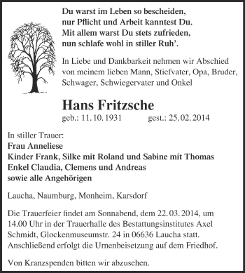 Traueranzeige von Hans Fritzsche von WVG - Wochenspiegel NMB / WSF / ZTZ