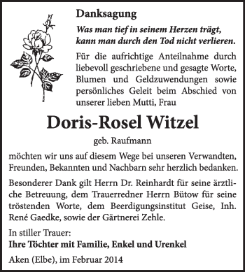 Traueranzeige von Doris-Rosel Witzel von Super Sonntag Dessau / Köthen
