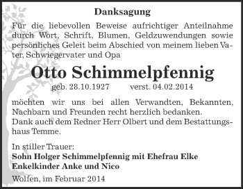 Traueranzeige von Otto Schimmelpfennig von WVG - Wochenspiegel Bitterfeld