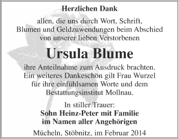 Traueranzeige von Ursula Blume von WVG - Wochenspiegel Merseburg