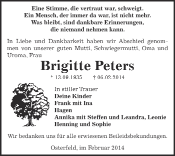 Traueranzeige von Brigitte Peters von Super Sonntag Zeitz