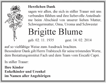 Traueranzeige von Brigitte Blume von WVG - Wochenspiegel Merseburg
