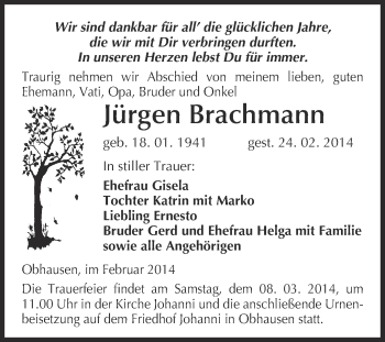 Traueranzeige von Jürgen Brachmann von WVG - Wochenspiegel Merseburg