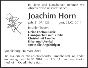 Traueranzeige von Joachim Horn von WVG - Wochenspiegel Quedlinburg