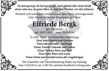 Traueranzeige von Elfriede Bergk von Super Sonntag Dessau / Köthen