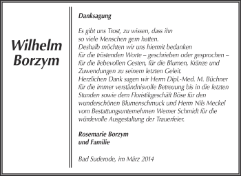 Traueranzeige von Wilhelm Borzym von WVG - Wochenspiegel Quedlinburg