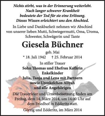 Traueranzeige von Giesela Büchner von Super Sonntag Dessau / Köthen