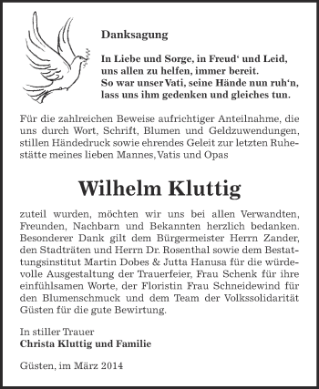 Traueranzeige von Wilhelm Kluttig von Super Sonntag Bernburg