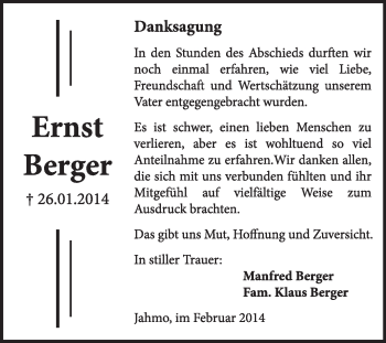Traueranzeige von Ernst Berger von Super Sonntag Wittenberg