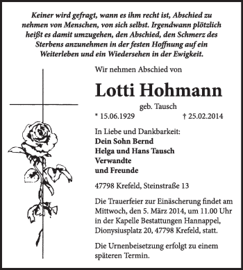 Traueranzeige von Lotti Hohmann von Super Sonntag Dessau / Köthen