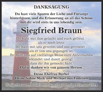 Traueranzeige von Siegfried Braun von Super Sonntag SGH Mansf. Land