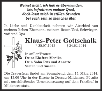 Traueranzeige von Klaus-Peter Gottschalk von WVG - Wochenspiegel Dessau / Köthen
