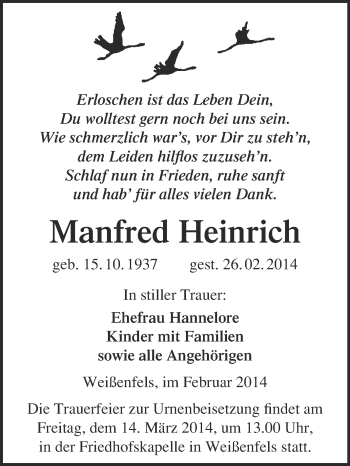 Traueranzeige von Manfred Heinrich von Super Sonntag Merseburg