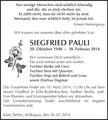 Traueranzeige von Siegfried Pauli von Super Sonntag Merseburg