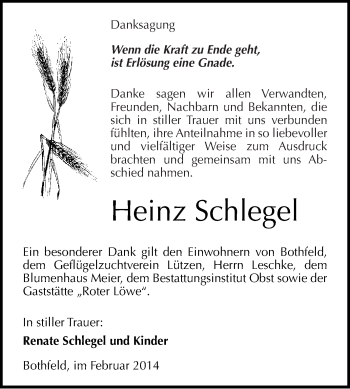 Traueranzeige von Heinz Schlegel von Super Sonntag Merseburg