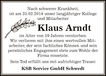 Traueranzeige von Klaus Arndt von Super Sonntag Zeitz