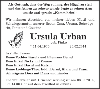 Traueranzeige von Ursula Urban von WVG - Wochenspiegel Bitterfeld
