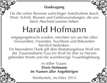Traueranzeige von Harald Hofmann von WVG - Wochenspiegel NMB / WSF / ZTZ