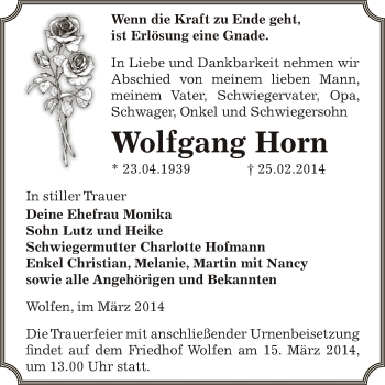 Traueranzeige von Wolfgang Horn von WVG - Wochenspiegel Bitterfeld