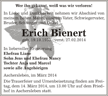 Traueranzeige von Erich Bienert von Super Sonntag Aschersleben