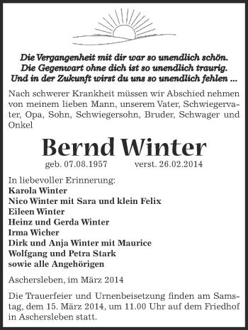 Traueranzeige von Bernd Winter von Super Sonntag Aschersleben