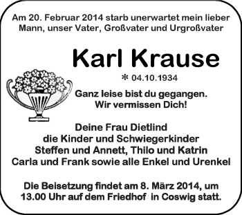 Traueranzeige von Karl Krause von WVG - Wochenspiegel Dessau / Köthen
